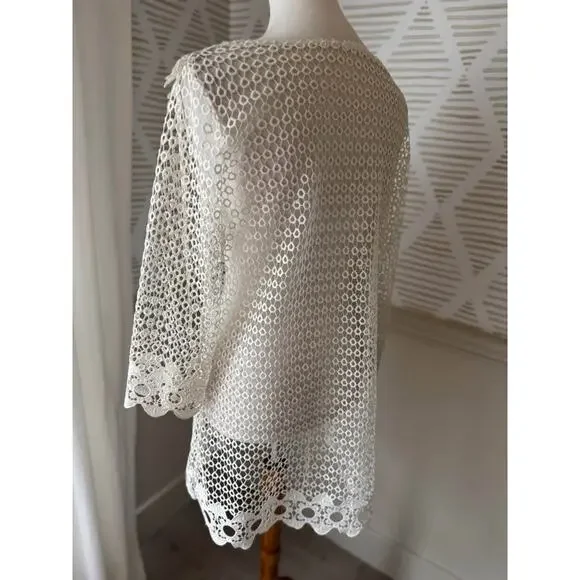 Small Cream Lace Knit Croquet Coastal Grandma Dress Overlay or Swim Coverup - Picture 4 of 7